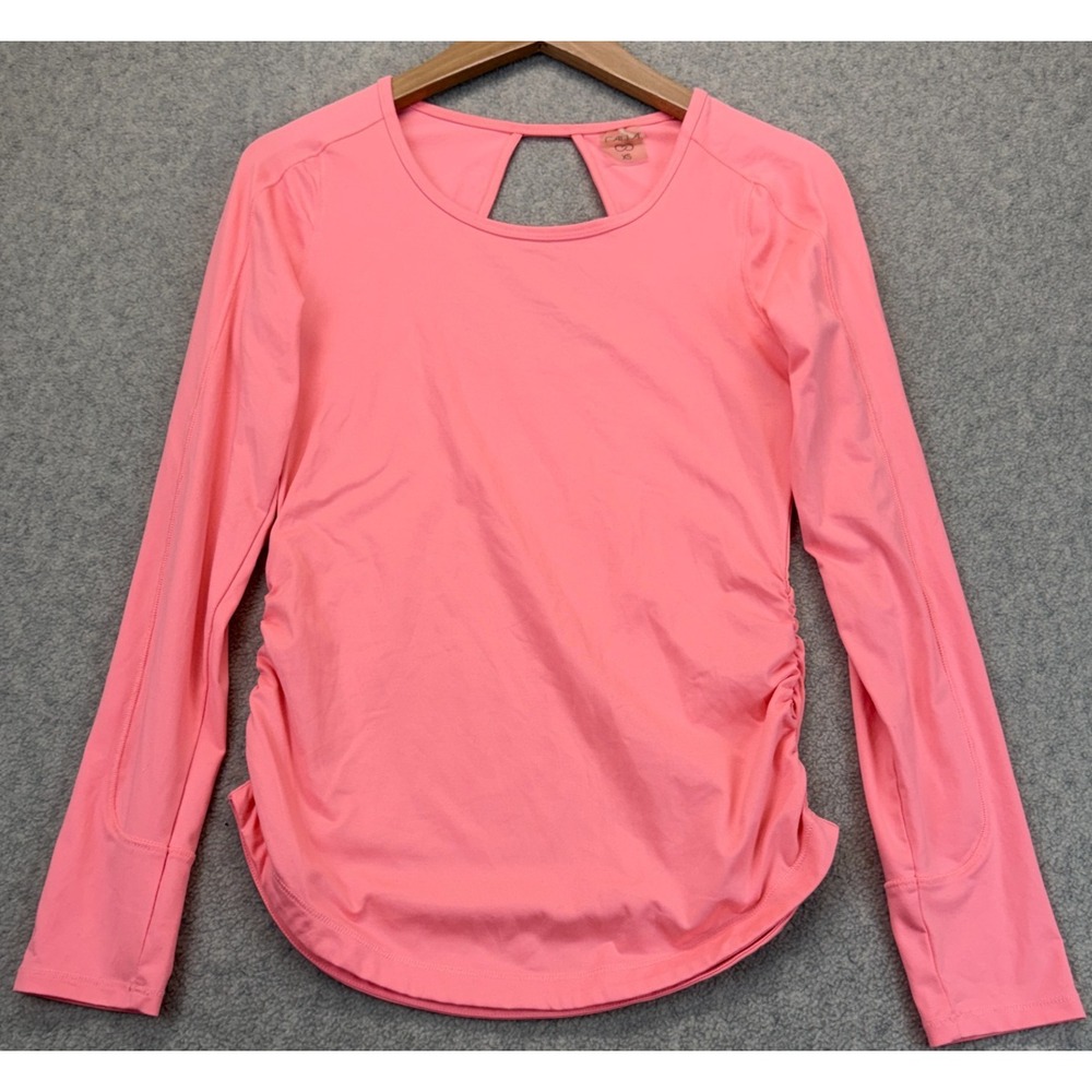CALIA by Carrie Underwood Womens Open Back Ruched Tee Coral Pink Long Sleeve XS